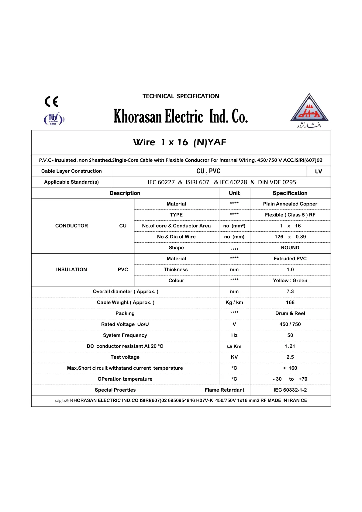 مشخصات دقیق سیم 16 خراسان افشارنژاد